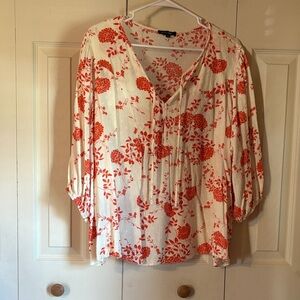 Floral V-Neck Blouse - Orange and White